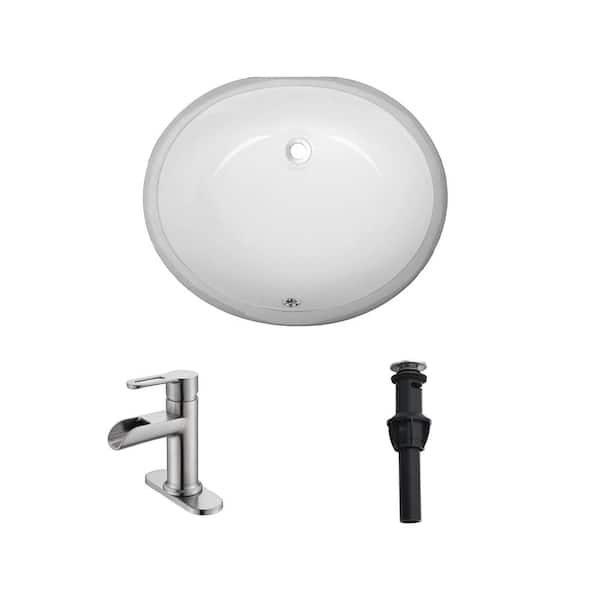17 in. Undermount Oval Bathroom Sink with Overflow Drain in White with Waterfall Faucet in Brushed Nickel Finish