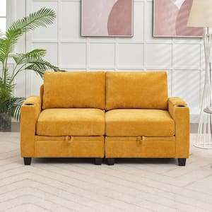 Modern 64.6 in Yellow Chenille Storage Loveseat with Cup Holder and Ottoman for Living