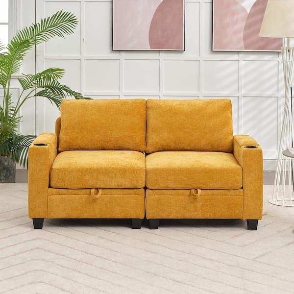 JEAREY Modern 64.6 in Yellow Chenille Storage Loveseat with Cup Holder and Ottoman for Living