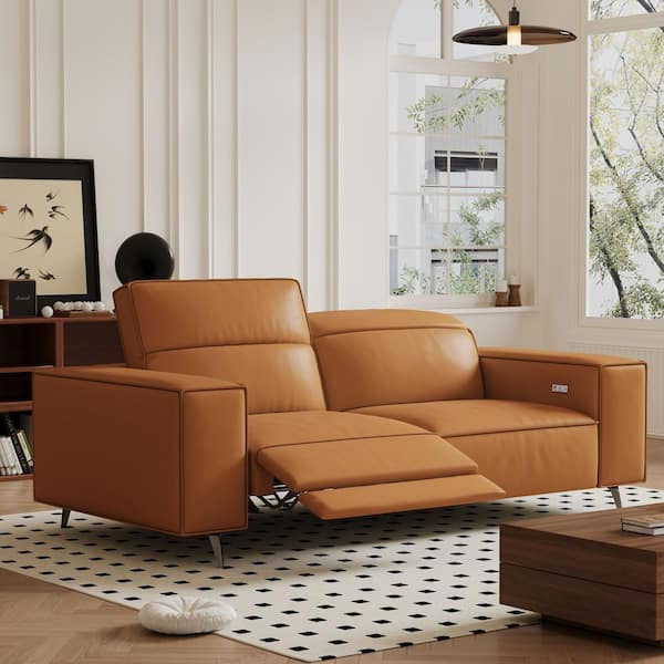 76.77 in. Square Arm Faux Leather Square Sofa 39.76 in. D Orange