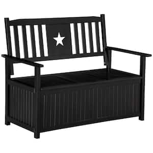 43 Gal. Black Wood Outdoor Storage Bench with Armrests for Patio Furniture Cushions & Garden Tools