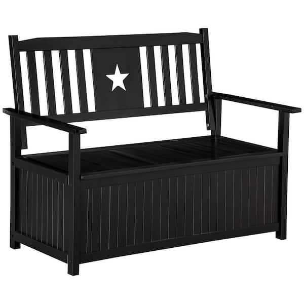 43 Gal. Black Wood Outdoor Storage Bench with Armrests for Patio Furniture Cushions and Garden Tools