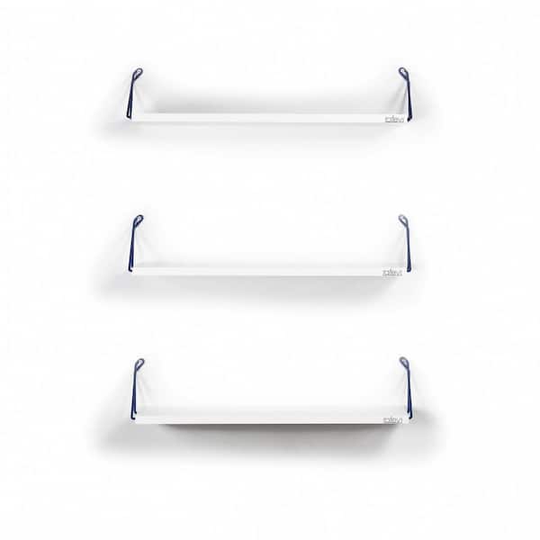 WEGATE 24 in. x 7 in.  Urbane Industrial Aged 3-Tiered Solid Wood and Metal Pipe Floating Wall Shelf,Corner Moulding White/Blue