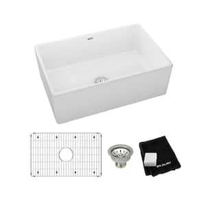 Fireclay 30in. Farmhouse/Apron-Front 1 Bowl  White Fireclay Sink w/ Accessories