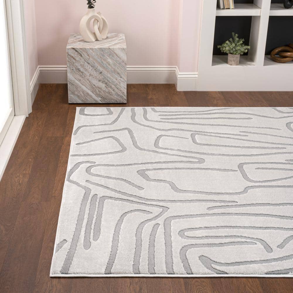 White and Light Gray Abstract High-Low 8' x 10' Area Rug