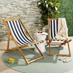 Loren Natural/Navy/White Wood Folding Sling Lawn Chair (Set of 2)