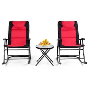 3-Piece Outdoor Folding Rocking Chair Conversation Set with Red and Grey Cushion