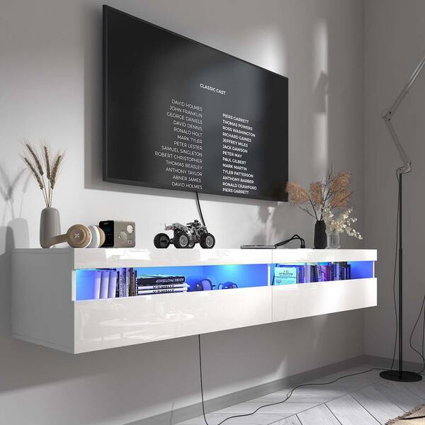 Unbranded 71 in. W x 16 in. D White Floating TV Stand Wall Mounted Entertainment Center Decorative Wall Shelf with LED Lights