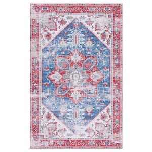 Tuscon Blue/Red Doormat 3 ft. x 5 ft. Machine Washable Border Distressed Area Rug