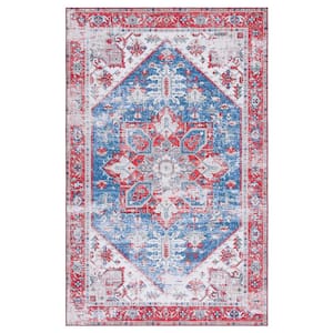 Tuscon Blue/Red 5 ft. x 8 ft. Machine Washable Border Distressed Area Rug