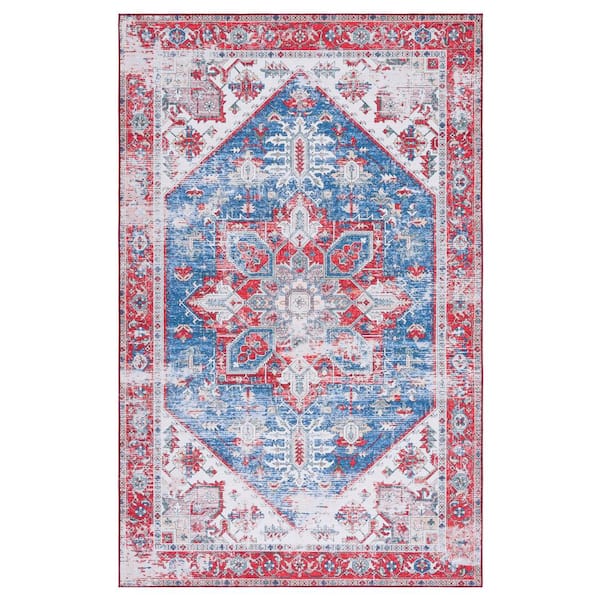 SAFAVIEH Tuscon Blue/Red 5 ft. x 8 ft. Machine Washable Border Distressed Area Rug