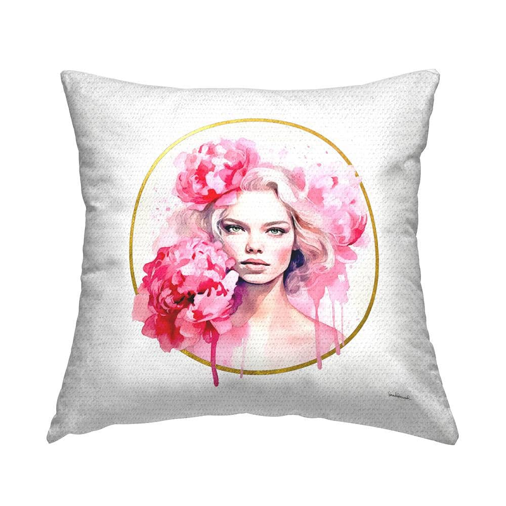 Girl with Pink Peonies Pink Square Outdoor Throw Pillow price history on PriceWatchPro