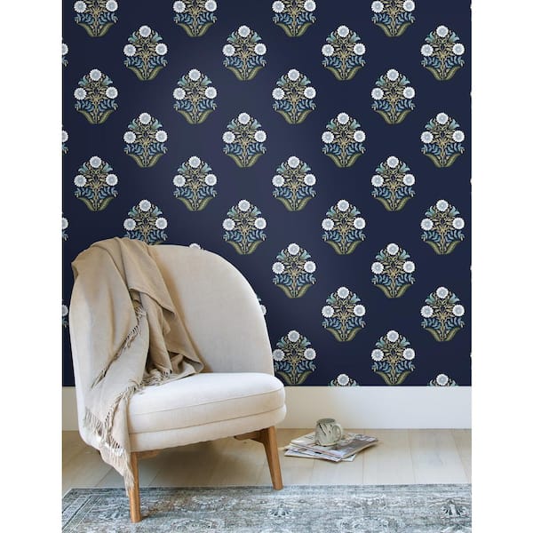 Sophie Navy Floral Medallion Peel and Stick Wallpaper