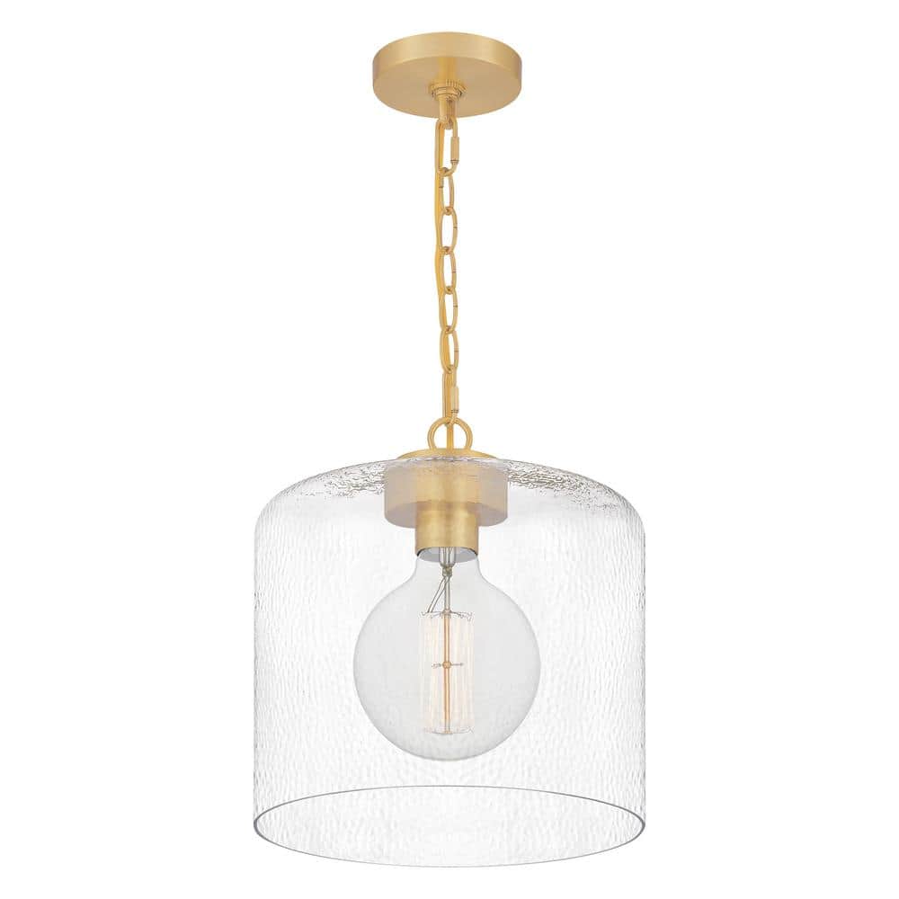 Aged Brass Mini Pendant with Clear Hammered Glass - Transitional Style