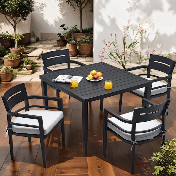 Zeus & Ruta 5-Piece Ember Black Aluminum Outdoor Dining Set with White Cushions, 4 Dining Chairs, Dining Table with Umbrella Hole