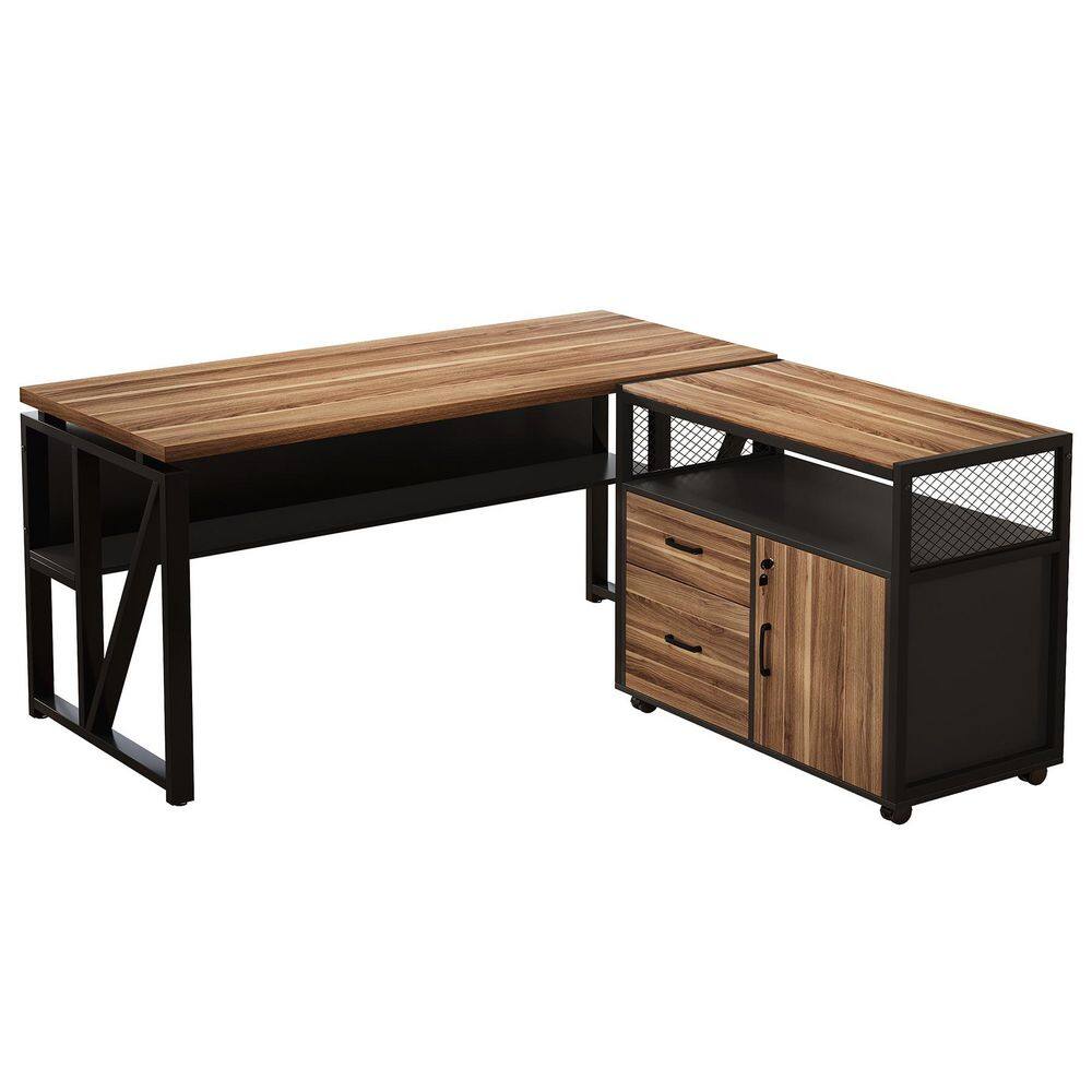 63 in. L-Shaped Brown and Black Executive Desk with Mobile File Cabinet and Drawers, Reversible Office Desk with Shelves