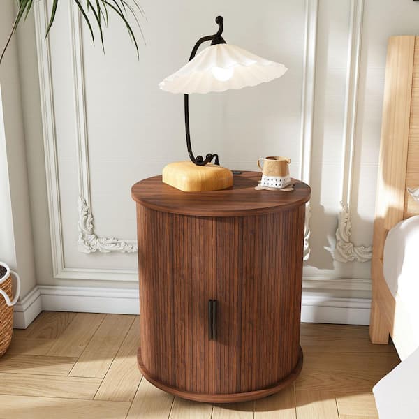 Baldric Modern Walnut Wood Cylinder Bedside Table Nightstand with Sliding Door, 2-Tier Storage, Charging Station