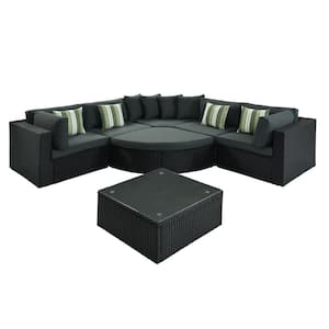 Black 7-Piece Wicker Patio Conversation Set with Grey Cushions