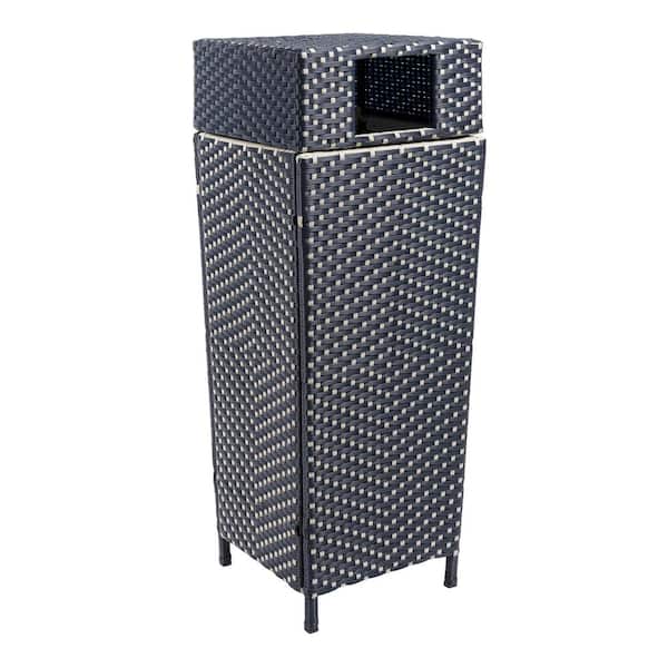 happimess Keaton Modern 24.13-Gal. All-Weather Wicker/Metal Lidded Hideaway Outdoor Trash Can, Navy/White