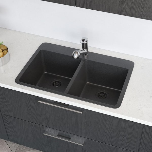 Rene Carbon Granite Quartz 33 in. Double Bowl Drop-In Kitchen Sink Kit