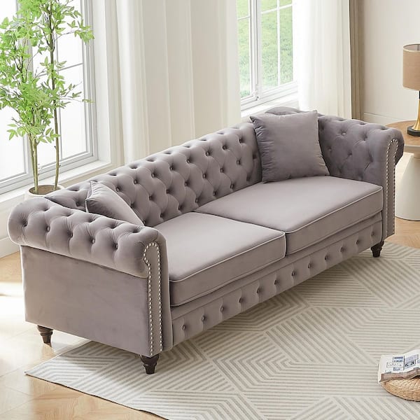 Beryl 85.5 in. Rolled Arm Velvet Upholstered Rectangle Tufted Chesterfield Sofa in Grey with Pillows, Nailhead Trim