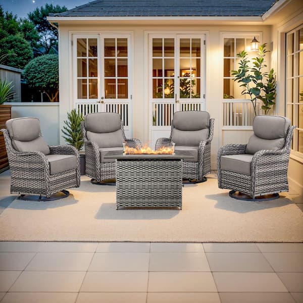 MoonLuxe Gray Wicker Fire Pit Conversation Set with Gray Olefin 6 in. Thick Cushions Patio Swivel Chairs (5-Piece)
