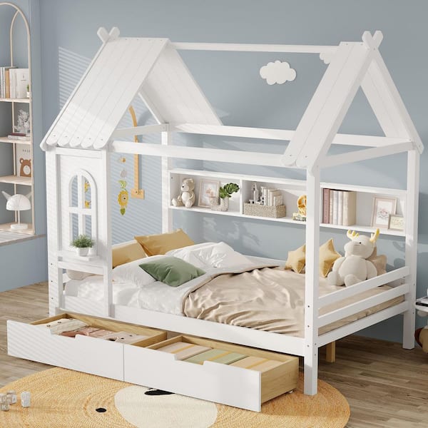 Louis White Full Size Wood House Bed with 2 Drawers, Window and Shelves