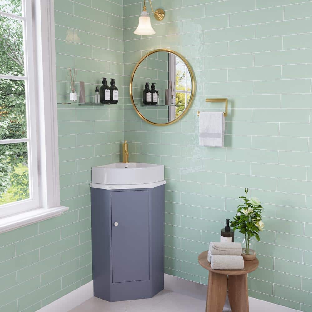 White Ceramic Wall-Mount Corner Bathroom Sink with Faucet Hole