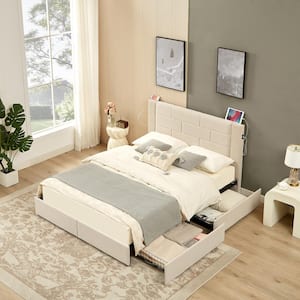 Upholstered Bed Beige Metal Frame Queen Platform Bed with USB Charging, Drawers and No Boxspring Needed, Easy Assembly