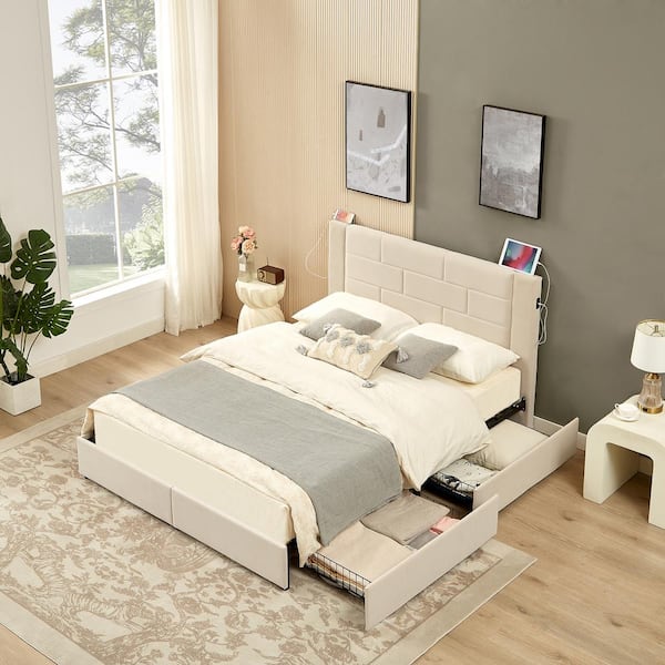 Upholstered Bed Beige Metal Frame Queen Platform Bed with USB Charging, Drawers and No Boxspring Needed, Easy Assembly