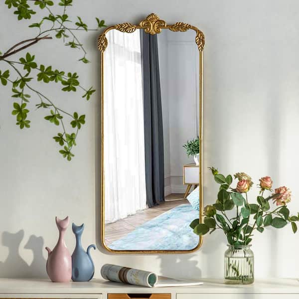 15.8 in. W x 36.3 in. H Rectangular Framed Antique Gold Metal Carved Wall Bathroom Vanity Mirror