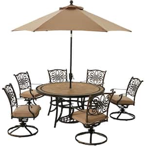 Monaco 7-Piece Aluminum Outdoor Dining Set with Tan Cushions, 6 Swivel Rockers, Tile-Top Table and 9 ft. Umbrella
