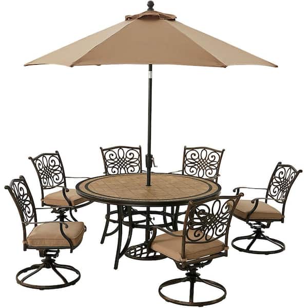 Hanover Monaco 7-Piece Aluminum Outdoor Dining Set with Tan Cushions, 6 Swivel Rockers, Tile-Top Table and 9 ft. Umbrella