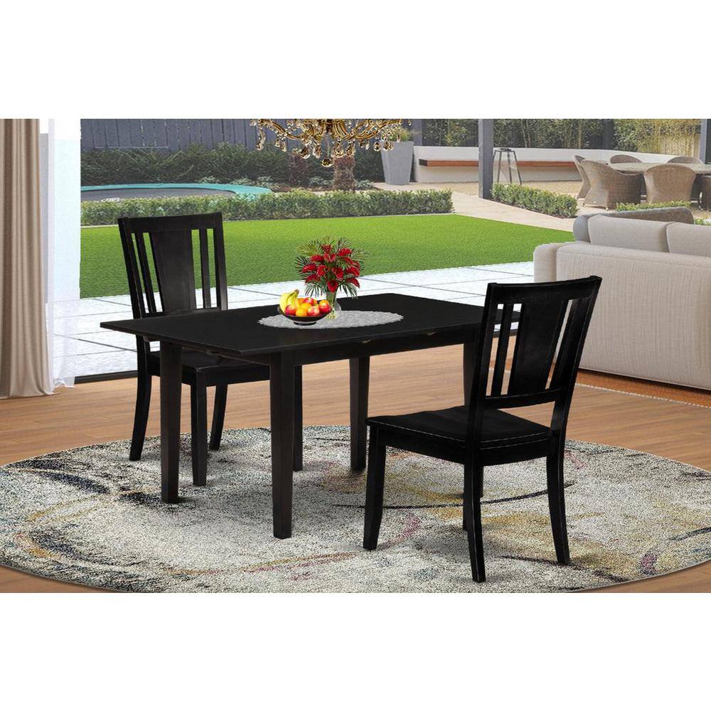 3-Piece Black Finish Rectangular Solid Wood Top With Butterfly Leaf Dining Table Set