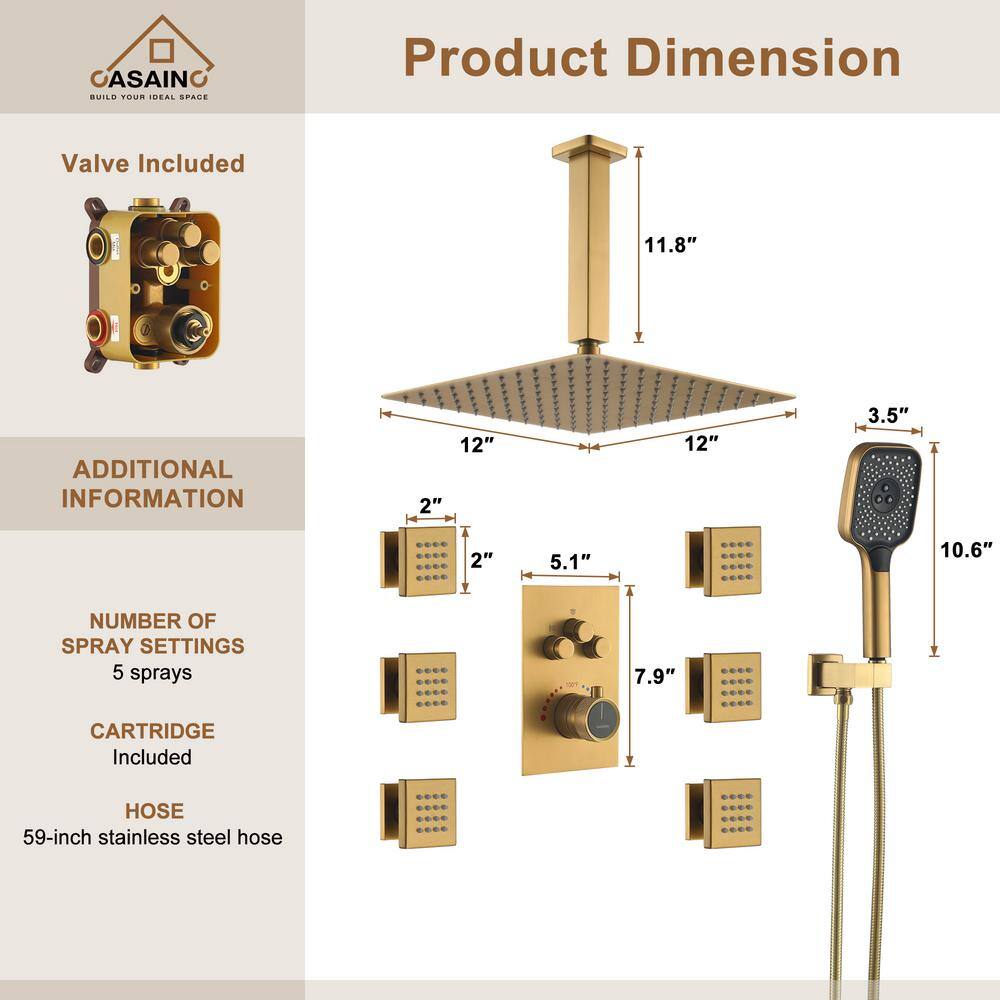 Brushed Gold Multi-Head Ceiling Mounted Shower System with Body Jets