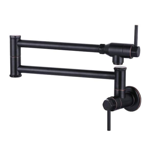Wall Mount Pot Filler Kitchen Folding Faucet Double-Handle with Dual Joint Swing Arm in Oil Rubbed Bronze