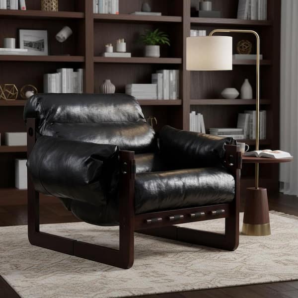 BYSRHK 33.5 in. Wide Glossy Jet Black Vintage Oil Wax Leather Recliner Chair with Rubberwood Frame for Living Room