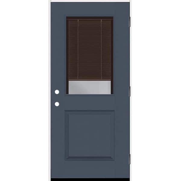 Steves & Sons Legacy 32 in. x 80 in. 1/2 Lite Clear Glass Mocha Miniblind LHOS Dark Denim Fiberglass Prehung Door w/6-9/16 in. Jamb