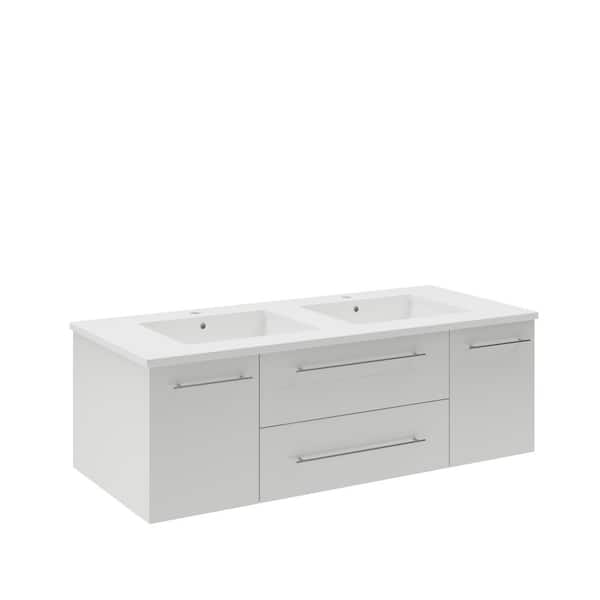 Fresca Lucera 48 in. Double Sink Wall Mount Floating White Bath Vanity with White Quartz Top and Undermount Ceramic Sinks