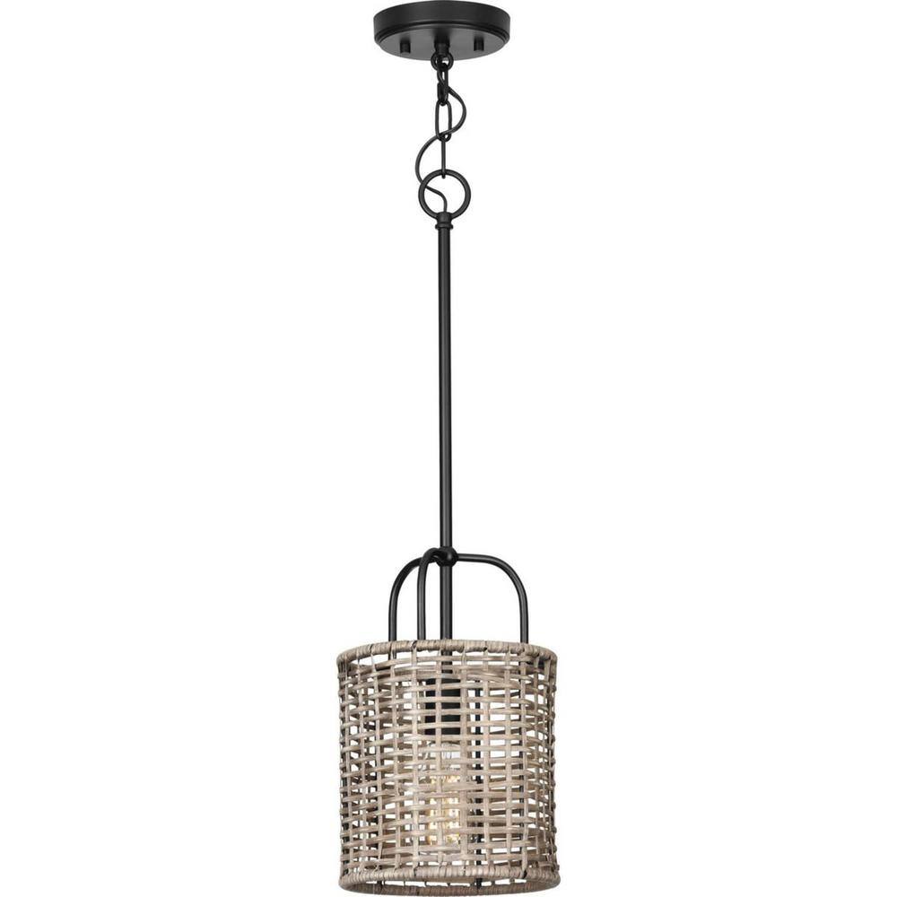 Lavelle Matte Black and Natural Rattan Mini Pendant Light