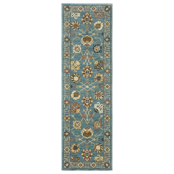 AVERLEY HOME Fleetwood Blue/Multi-Colored 2 ft. x 8 ft. Oriental Floral Polypropylene Fringe Edge Indoor Runner Area Rug