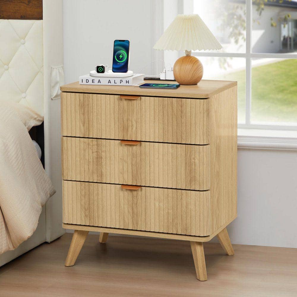 ATHMILE 23. 62in. W Natural 3-Drawer Nightstand with Charging