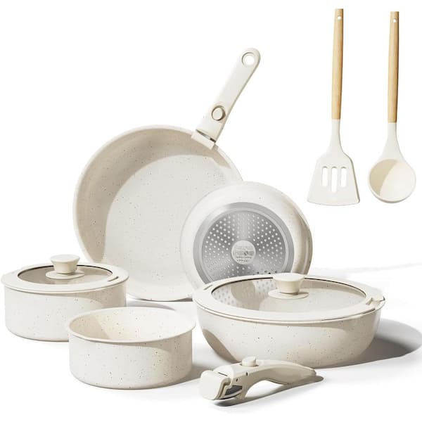 Adrinfly 11-Piece Ceramic Cookware Set Non-Stick with Removable Handles in Cream White Aluminum