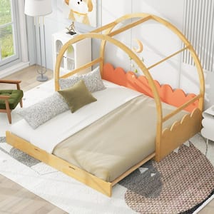 Extendable Natural and Orange Twin Size Wood Platform Bed with Vaulted Roof, Three-Sided Guardrail