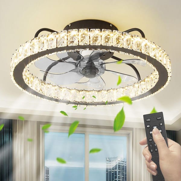 Modern Black 19.68 in. Indoor White Crystal Flush Mount Ceiling Fan with Bright White Integrated LED for Bedroom