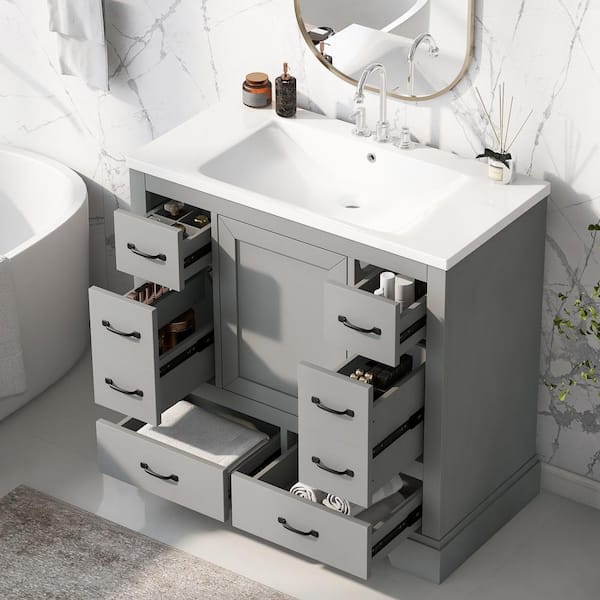 36 in. W x 18 in. D x 34 in. H Single Sink Bath Vanity in Gray with White Ceramic Top