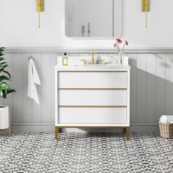 36 in. Freestanding Undermount Single Sink White Bath Vanity with White Quartz Top