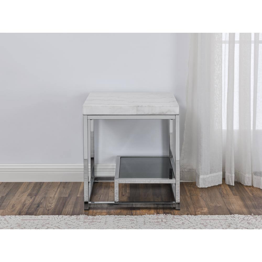 Aston White Marble and Chrome Square End Table with Shelf