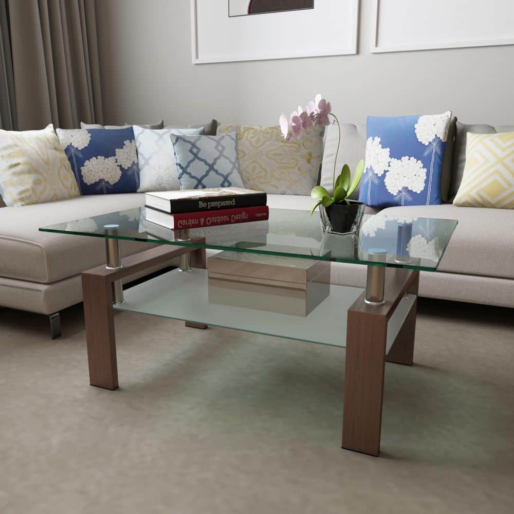 39.37 in. Walnut Rectangle Clear Glass Coffee Table with Dual-Tier Storage & Metal Frame