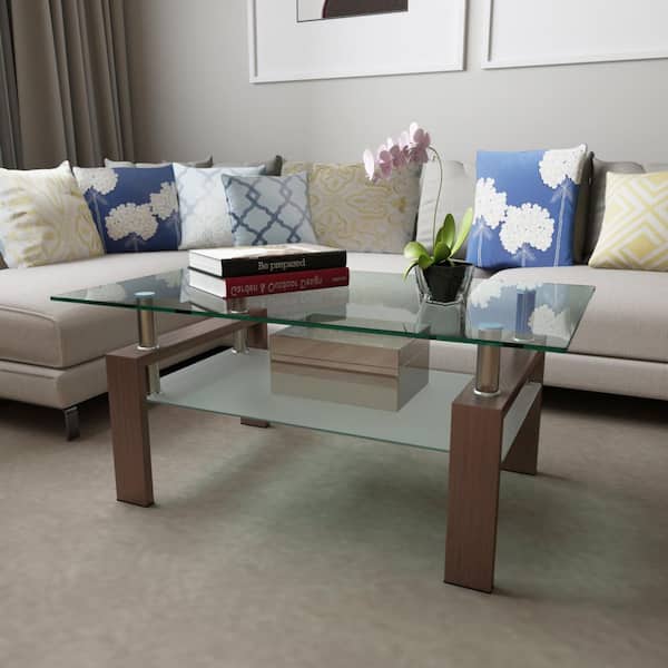 39.37 in. Walnut Rectangle Clear Glass Coffee Table with Dual-Tier Storage & Metal Frame